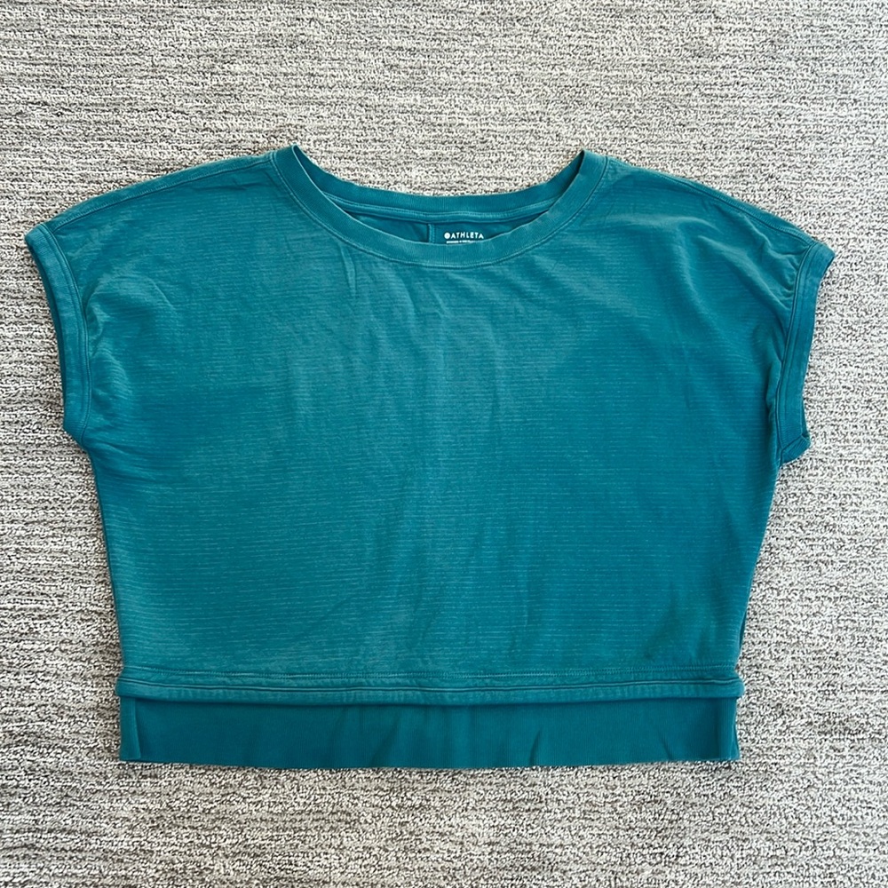 Athleta Sundown Short Sleeve Sweatshirt Tee Teal Small